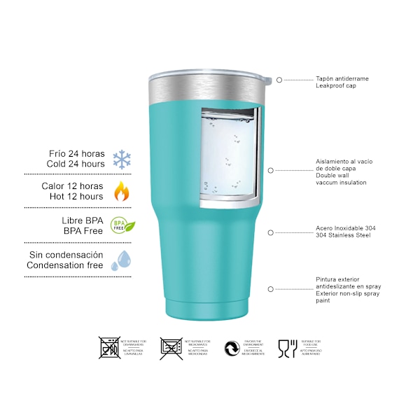Kaffetermosmugg 900ml (10 färger) och tekopp för hand eller bil - Termosmugg i rostfritt stål med lock, rostfri stålkopp. Turquoise