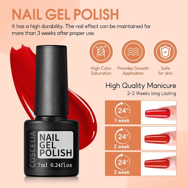 COSCELIA 40 Dele Semi-Permanent Neglesæt Komplet Sæt med UV Lampe Neglebor, Semi-Permanent Neglelak Rød Sort Hvid 35 Farver Base og Top Coat Ma