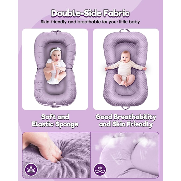 Baby Lounger - 3-i-1 Babynest för Nyfödda 0-24 Månader, Andningsbar & Mjuk Baby Nest Säng för Bebis, Portabelt Babynest för Hemma och Resor Purple