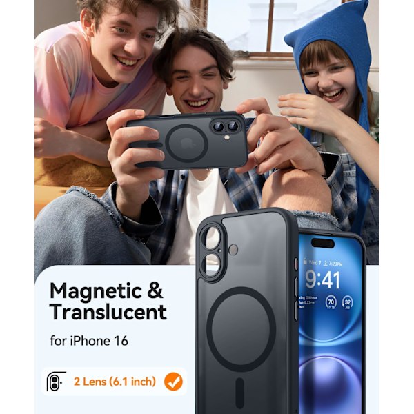 Magnetisk deksel til iPhone 16 Pro Max med full kamerabeskyttelse [Kompatibel med MagSafe] [Transparent matt] Beskyttende telefondeksel, Lilla Svart Black iPhone 16
