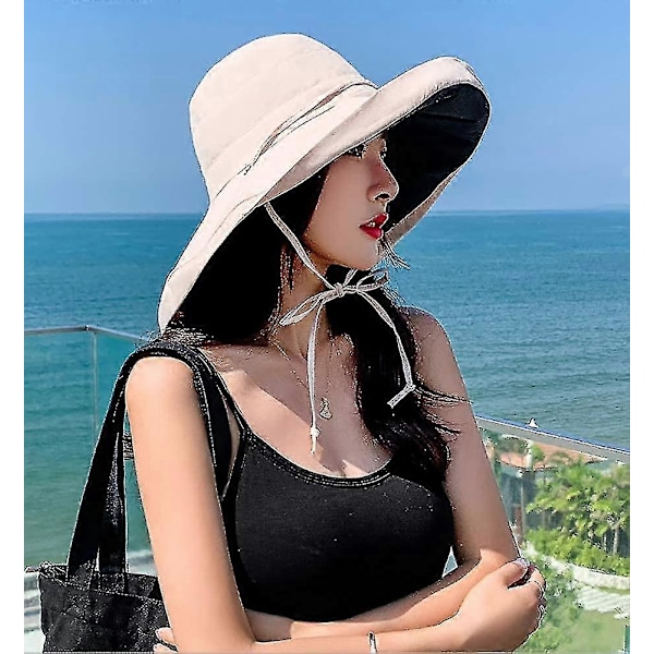 Solhatt med bred brem for kvinner, sammenleggbar floppy hatt, sommer UV-beskyttelse strandhatt UPF 50+ Beige