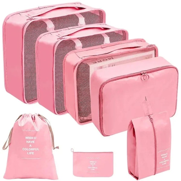 7/8/9/10 Delars Set Reseorganisatör Förvaringsväskor Resväska Packningskuber Set Fodral Bärbar Bagage Kläder Sko Ordning Påse Vikbar 7pcs pink