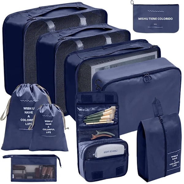 7/8/9/10 Delars Set Reseorganisatör Förvaringsväskor Resväska Packningskuber Set Fodral Bärbar Bagage Kläder Sko Ordning Påse Vikbar 10 pcs navy blue