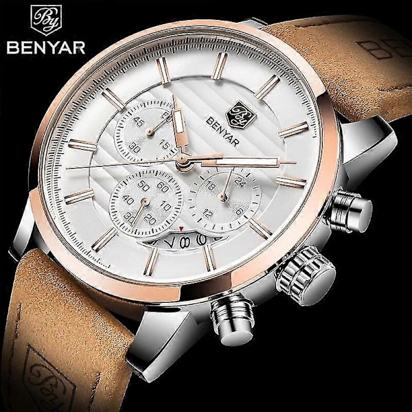 Benyar Design 2022 Nya Toppmode Sport Quartz Klockor Herr Multifunktionell Vattentät Premium Läder Kalenderklocka Relogio BlackGold
