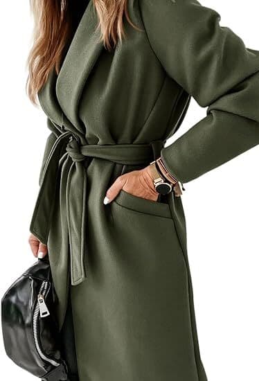 Women's Collar Open Front Belted Long Jacket green green L