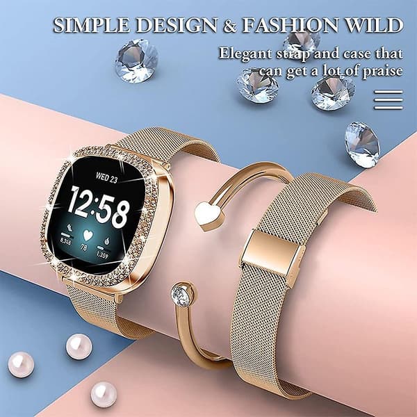 Urrem Moderigtig Håndledsrem med Urkasse til Fitbit Versa 3/Fitbit Sense Guld Pink gold Style A Fitbit Versa 3