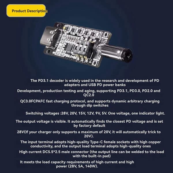 2X PD3.1 Snabbladdningsprotokoll Trigger Typ C Honkontakt 20V28V5A Automatisk Deception Power Aging Board Black