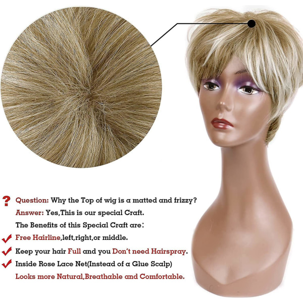 Kort blond peruk kvinnors naturlig blond kort nisseperuk syntetiskt hår peruk för kvinnor (blond mix brun)