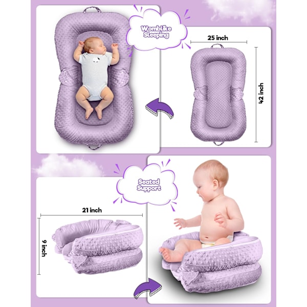 Baby Lounger - 3-i-1 Babynest för Nyfödda 0-24 Månader, Andningsbar & Mjuk Baby Nest Säng för Bebis, Portabelt Babynest för Hemma och Resor Purple