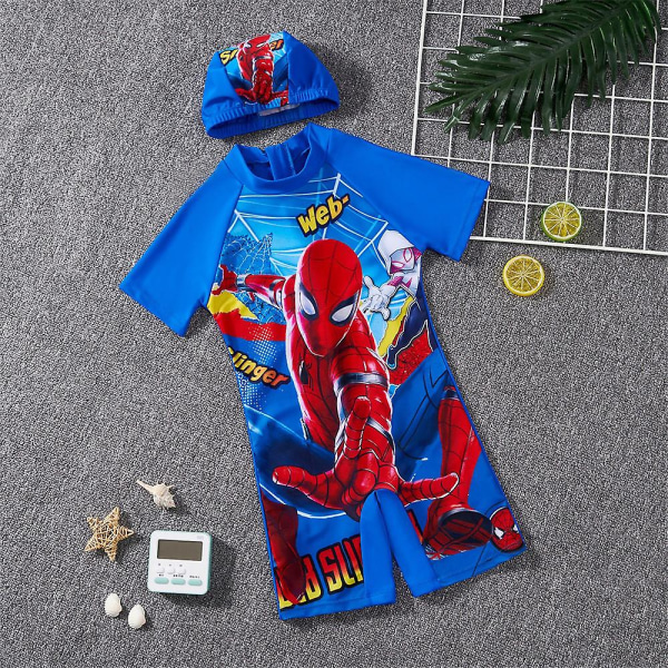 Barn Pojkar Spiderman Batman Print One Piece Surf Badkläder Cap Baddräkt A 5-6 Years