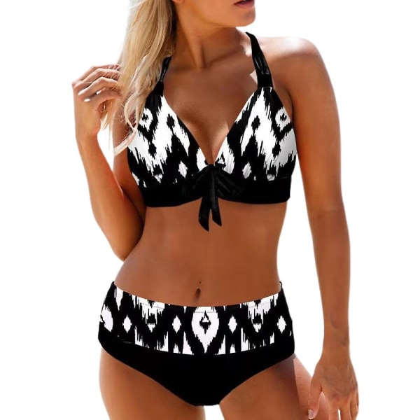 Printed vadderat Push Up Bikini Set Sexig Halterneck BH Top + Trosor Baddräkt Sommarlov Baddräkt Badkläder Black 3XL