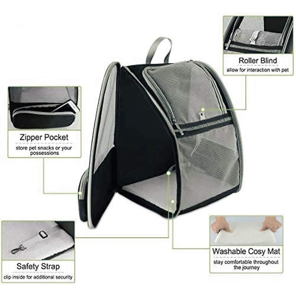 Kattryggsäck med dubbel axel, Portabel Panoramic Transparent Pet Space Bag för katter, klassisk svart