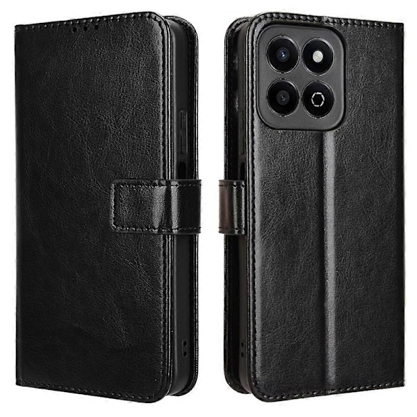 For Honor 200 Smart 5G/ Play 60 Plus 5G Støtte Etui Læder Wallet Telefon Cover Crazy Horse Tekstur (FMY) Black