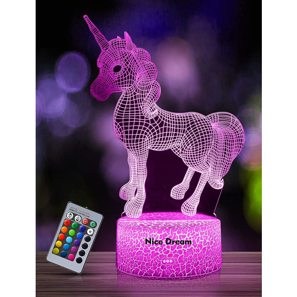 3d Unicorn nattljus för barn, flickor USB led lampa Illusion nattljus, 16 växlande färger med fjärrkontroll för barn Vuxna födelsedag och helgdag