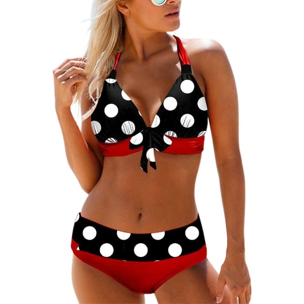 Printed vadderat Push Up Bikini Set Sexig Halterneck BH Top + Trosor Baddräkt Sommarlov Baddräkt Badkläder Red M