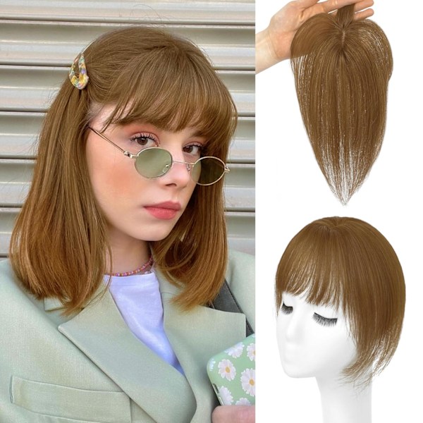 Hårtoppar för Kvinnor Äkta Människohår - 360°3D Topp med Lugg för Tunnare Hår Clip in Lugg med Uppgraderad Silkebas Perfekt för Daglig Användning, 5×10 Li Light Brown 3D 4x6 Bangs