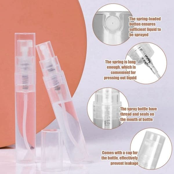 120 mini 5 ml sprayflaskor, tomma klara plastsprayflaskor, påfyllningsbara parfymflaskor