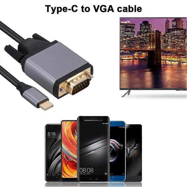 Type-C–VGA-sovitin, alumiiniseos, USB 3.1 Type-C–VGA-sovitinkaapeli, 5 Gbps, HD-näyttöjohto USB3.1 MacBookille, 1,8 m