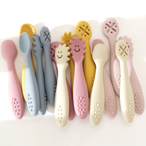 3 st Silikonsked och gaffel för baby, set med matningsredskap, matning, småbarn, lära sig äta, träning, mjuk gaffel, bestick, barnservis 002-dasty-lilac