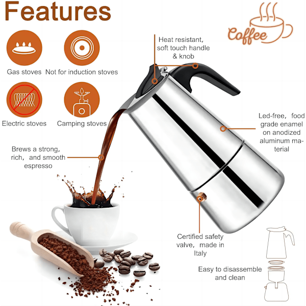 Italiensk kaffemaskine i rustfrit stål til espresso 2/4/6/9 KOPPER Kompatibel med gas, keramisk og elektrisk komfur. 9 Tazas 450ML