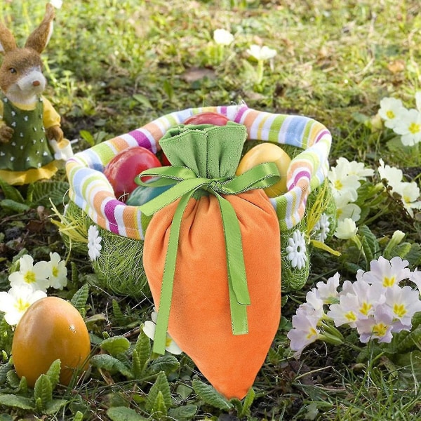 10st påskmorotspåsar med dragsko, presentpåse i påsk sammet, påskkorg Morotsfavoritpåsar med dragsnöre.