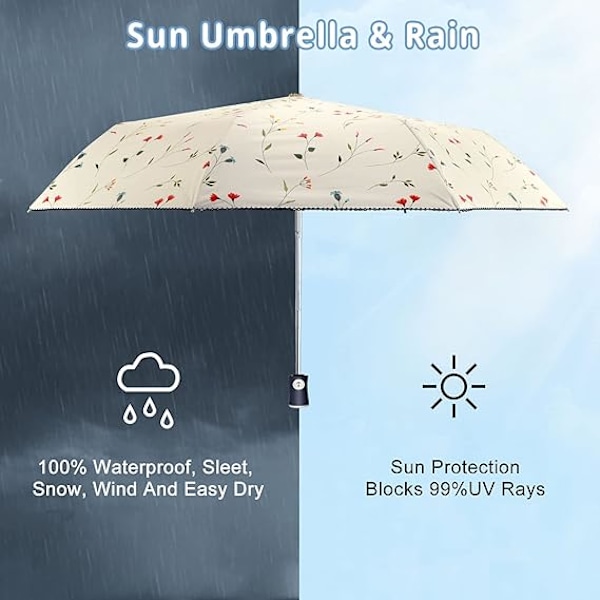 Solparasol Kompakt Foldbar Rejseparasol Automatisk Åbning og Lukning Vindtæt, Regntæt UV-beskyttelse Parasol med Sort Anti-UV Belægning