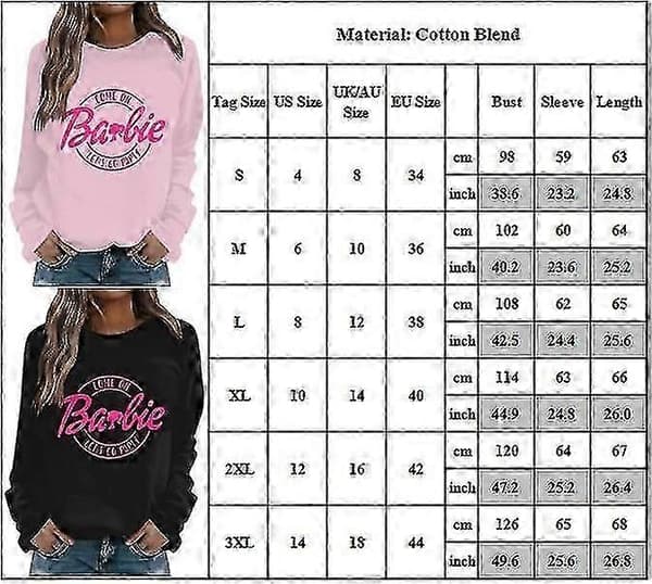 Unisex Barbie-tema Trøje Trendy Trykt Pink Power Langærmet Pullover Sweatshirt-Perfekt Sort Black M