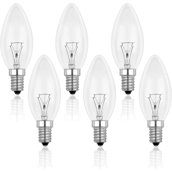 E14 40W Clear Incandescent Bulb, Dimmable, Warm White 2700K, 400lm, Flame Bulb, E14 Edison Screw Base, 6-pack - Perfect