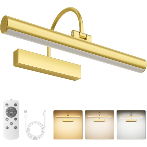 Genopladelig billedlampe med fjernbetjening, dæmpbar og 3 farvetemperaturer, batteridrevet væglampe med timer & hukommelse - Guld
