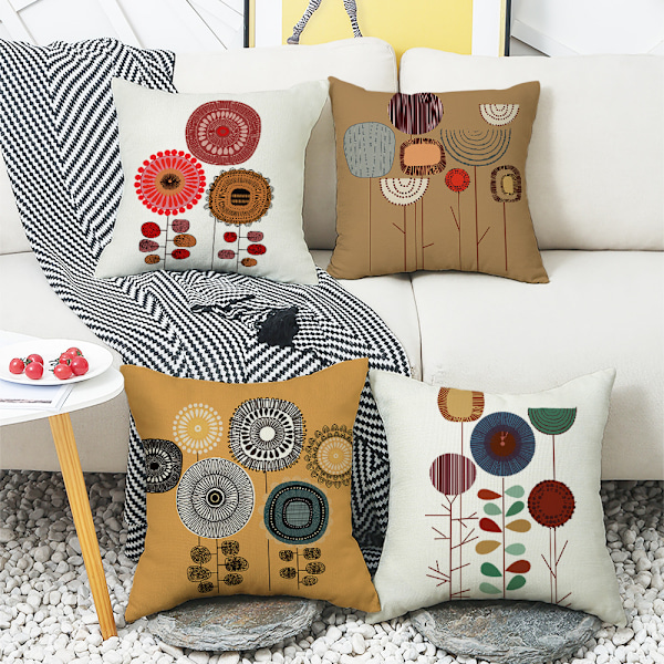 Sett med 4 dekorative putetrekk til sofa, blomstrete linputer, til sofa, seng, bil, hjem, 45x45cm