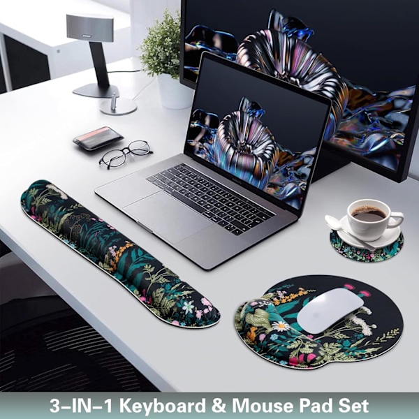 Musmatta med handledsstöd set rosa, 3-i-1 handledsstöd musmatta set, spelmatta med halkfri bas, ergonomisk musmatta, minnesskum tangentbordsgel Flowers & Plants