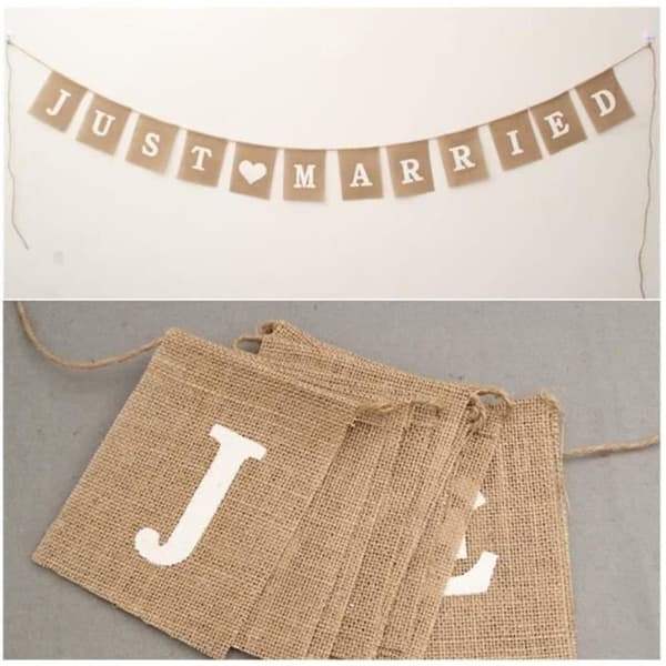 Freessom Just Married Banner Girlander - 3m - Jute Stoff - Elegant Bryllupsdekorasjon