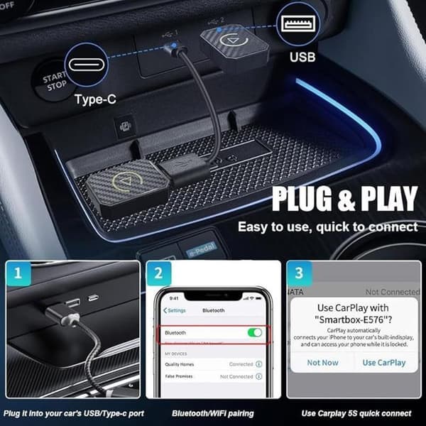 XJYDNCG trådløs CarPlay-adapter, USB-biladapter, 2-i-1 trådløs Android Auto - svart