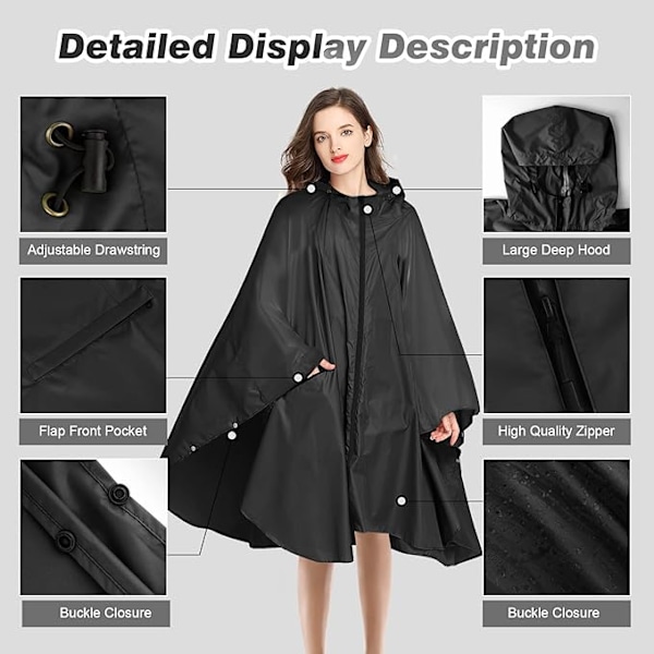 Regnkappa för damer, lång regnponcho, vattentätt regnkläder, regnjacka, vindtätt regnskydd, regnkappa, regnkläder med ficka med lock black