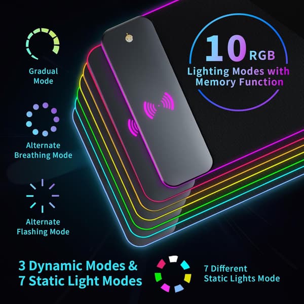 Gaming Musematte med LED-lys - RGB - med 15W Trådløs Lading, Skrivebordsmatte, Stor LED Musematte med 10 Lysmoduser