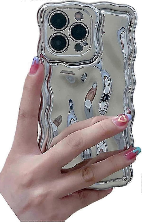 Telefonfodral Söt Elektropläterad Silver 3D Sten Lockig Textur Krusning Våg Anti-Rep Fallskydd för Kvinnor iPhone 15 Pro Max