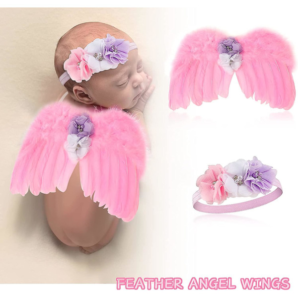 2-pack änglavingar med blompannband Nyfödd fotorekvisita (rosa, gul)