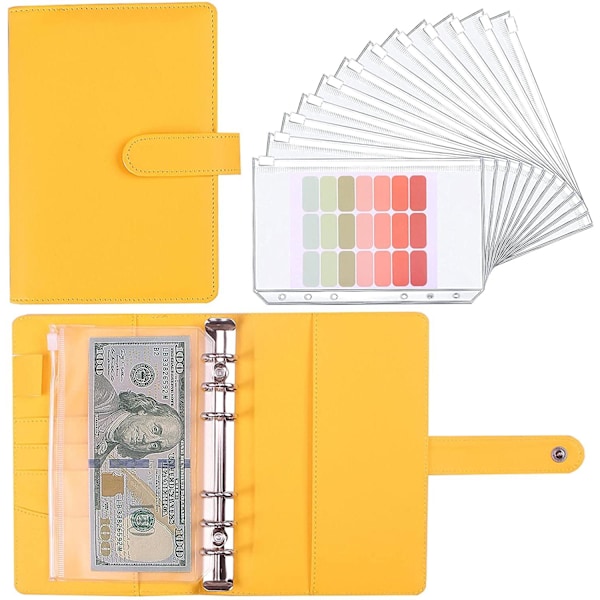 A6 Budget Planner med 12 kontantkuverter, farverig PU læder notesbog mappe med 12 stk A6 mappe lommer yellow A5