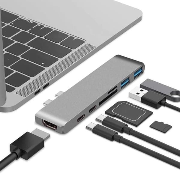 1 7-i-1 Dockingstation, Dobbelt USB-C-stik, HDMI 4K, USB 3.0, SD-kortlæser, til bærbar computer.
