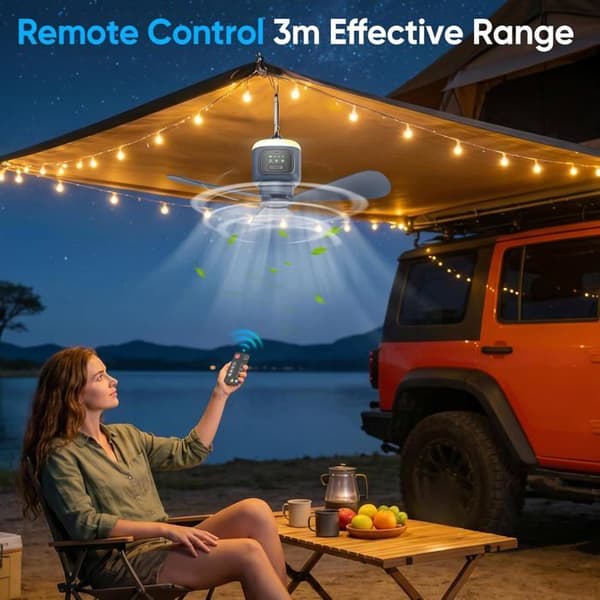 12000mAh Bærbar Campingventilator med Lys til Camping, USB, til Telt, Pavillon, Autocamper, Soveværelse
