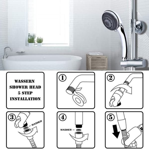 1 dusjhode, 7 moduser, 1,5 m rustfri stålslange, veggfeste, vannbesparende, baderom.