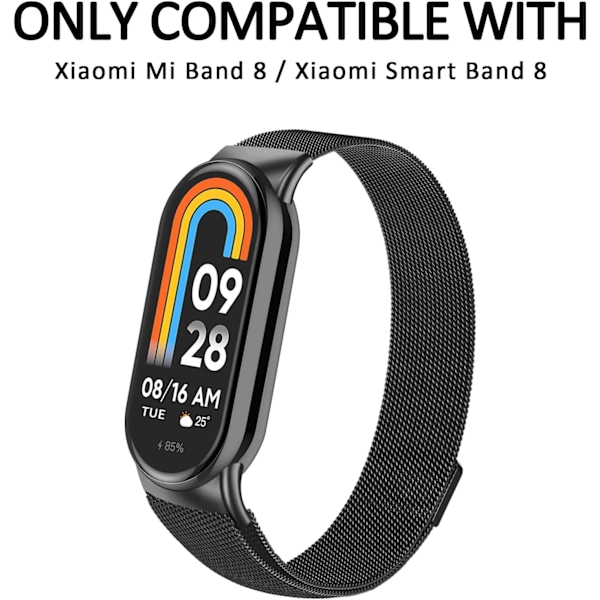 Rem for Xiaomi 8 Menn Kvinner, Metallarmbånd for Xiaomi Mi Band 8 Magnetisk Rustfritt Stål Mesh-rem med Sterk Magnetisme Black