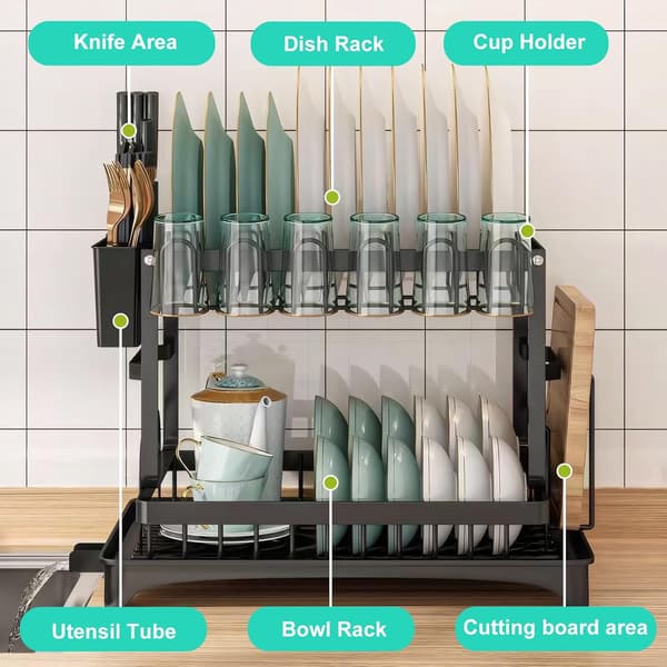 Dish Drying Rack for Kitchen Counter, Double Layer, with Drain Board and Cutlery Holder, Large Capacity Storage Rack, (Black) Black