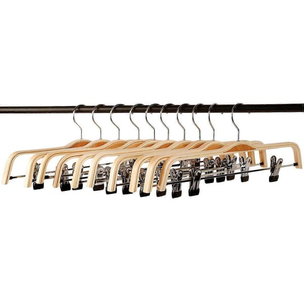 10-pack Solid Wood Pants/Skirt Hangers with Rust-Resistant Clips, Clothes Hanger