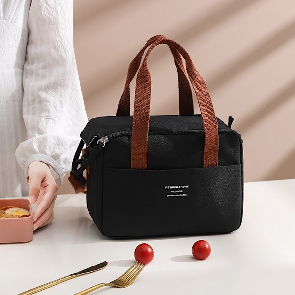 Portabel Lunchväska för Kvinnor Termisk Isolerad Lunchlåda Tote Kylväska Handväska Vattentät Bento Påse Kontors Mat Axelväskor Black