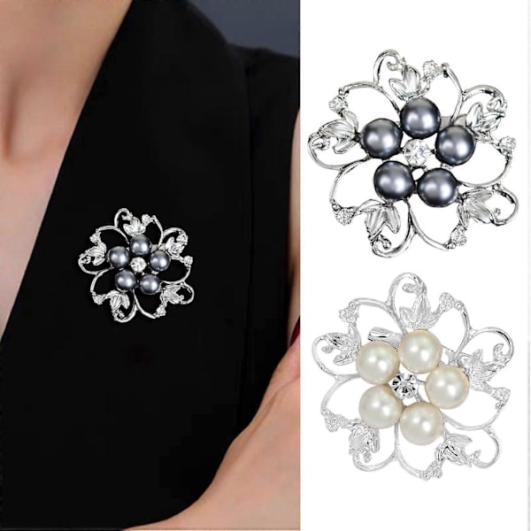 Kvinnobrosch Ihålig Blomma Faux Pärla Strass Legering Halkfri Axelväska Kostymkappa Krage Grey