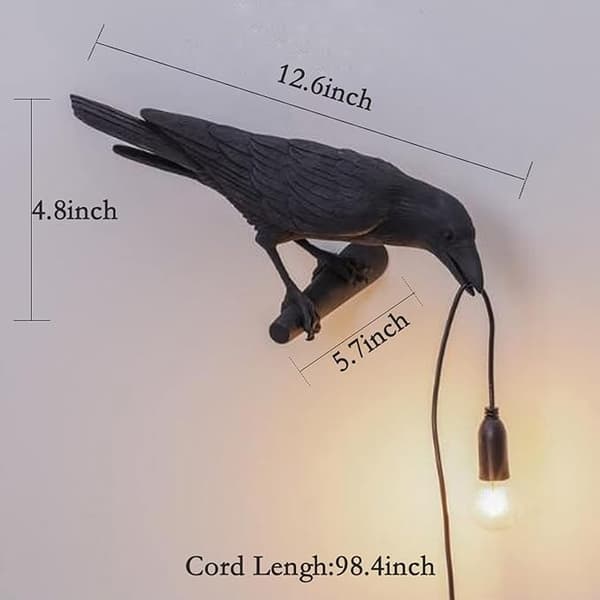 Raven Wall Lamp, Unique Gothic Raven Bird Wall Light (Left Black Wall Lamp)