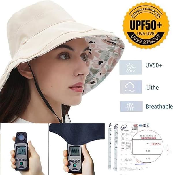 Solhat - Vendbar - Bred skygge - UV-beskyttelse - Sammenfoldelig - Beige