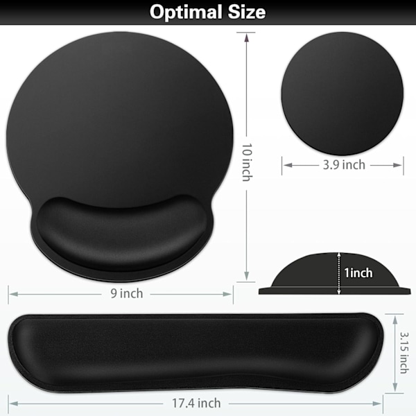 Musematte med håndleddsstøtte, 3-i-1 håndleddsstøtte musematte sett, Gaming Matte Pad med anti-skli base, Ergonomisk musematte, Memory Foam Keyboard Gel Wris Black