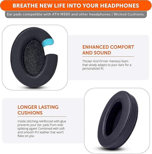 Wicked Cushions Opgraderede Erstatningsørepuder til ATH M50X - Passer til Audio Technica M40X / M50XBT / HyperX Cloud & Cloud 2 / SteelSeries Arctis 3/5 / 7 /